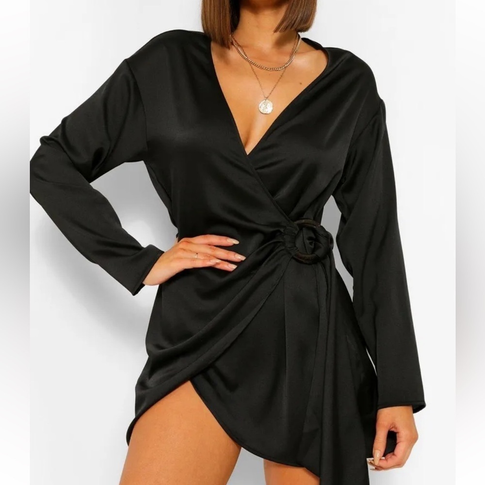 Boohoo Black Satin Wrap Mini Dress with Ring Tie